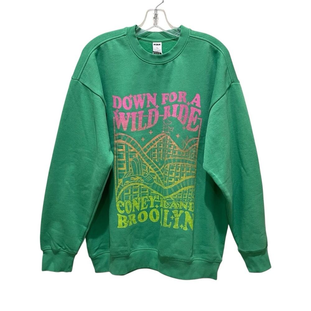 Victoria’s Secret Pink Coney Island Fleece Crewneck Sweatshirt Green Size Medium - Picture 3 of 11